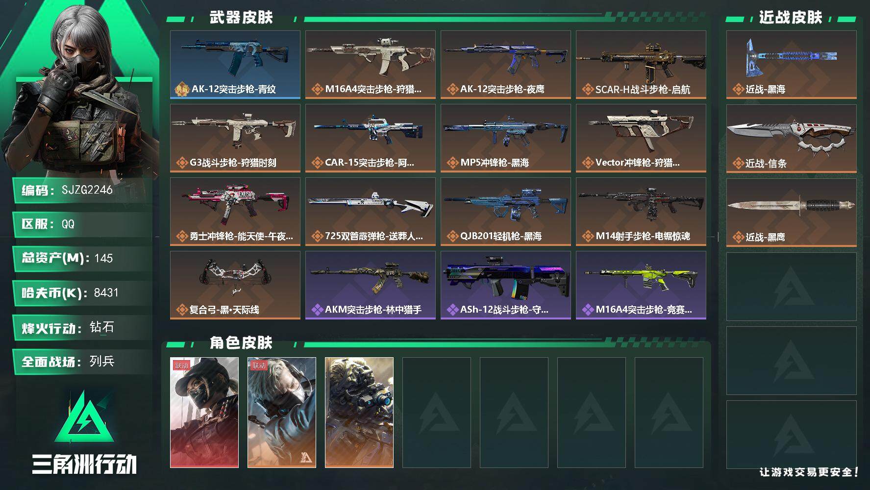 三角洲行动账号QQ【SJZG2246】总资产(M)：145M/哈夫币(K)：8431K/哈夫币(K)：8431K/全面