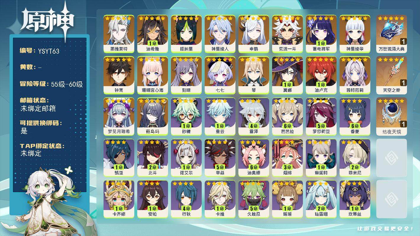 原神账号官服 天空岛【YSYT63】57级/女主/19个五星角色/0命菈乌玛/0命梦见月瑞希/0命茜特菈莉/0命那维莱特/1命迪希雅/0命提纳里/0命神里绫人/0命申鹤/0命荒泷一斗/0命珊瑚宫心海/1命雷电将军/0命