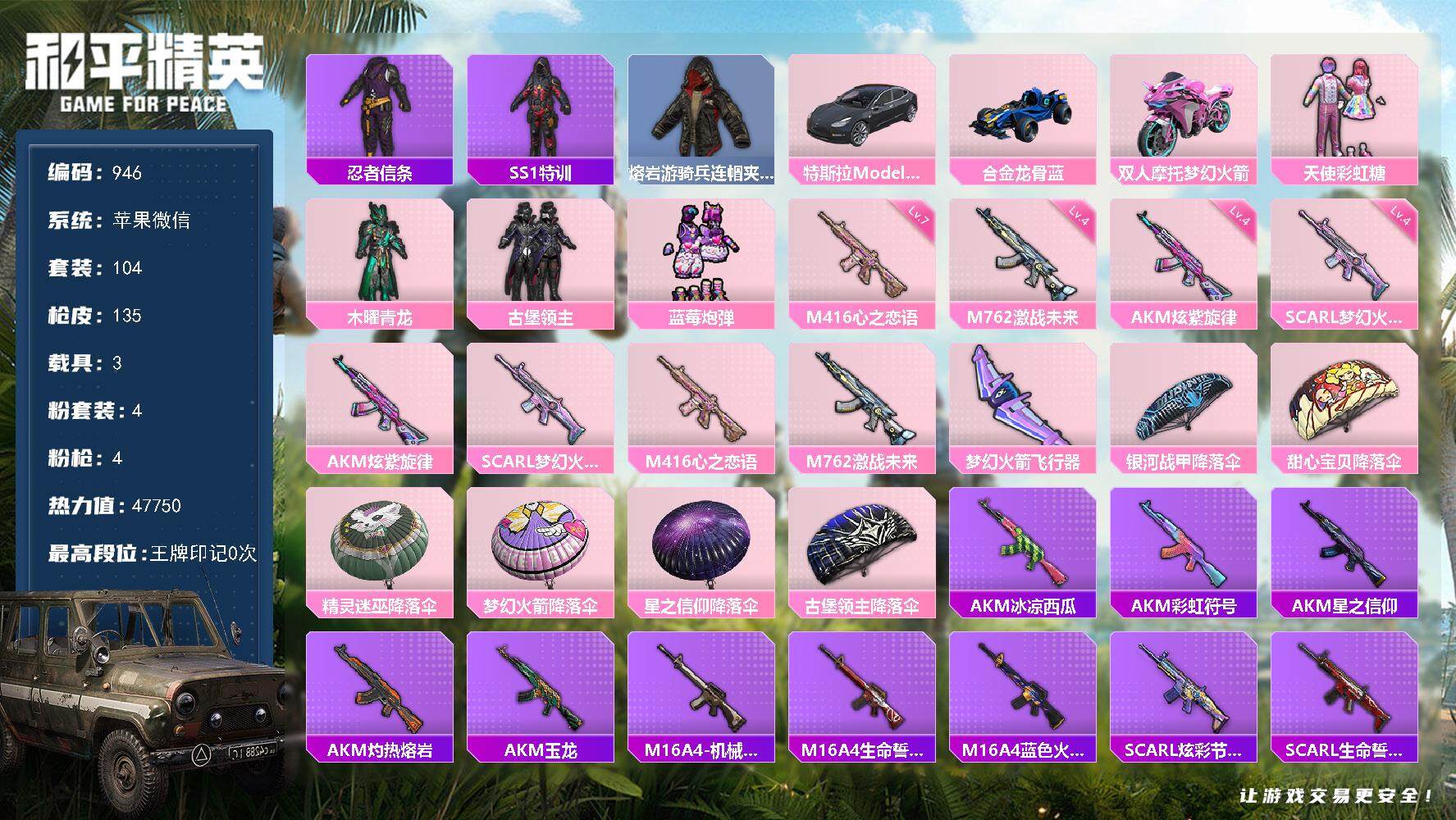 和平精英账号苹果微信3载具-104套装-135枪皮-BL苹果 微信-4粉装-4特效枪-3载具-2粉色飞行器-47750热