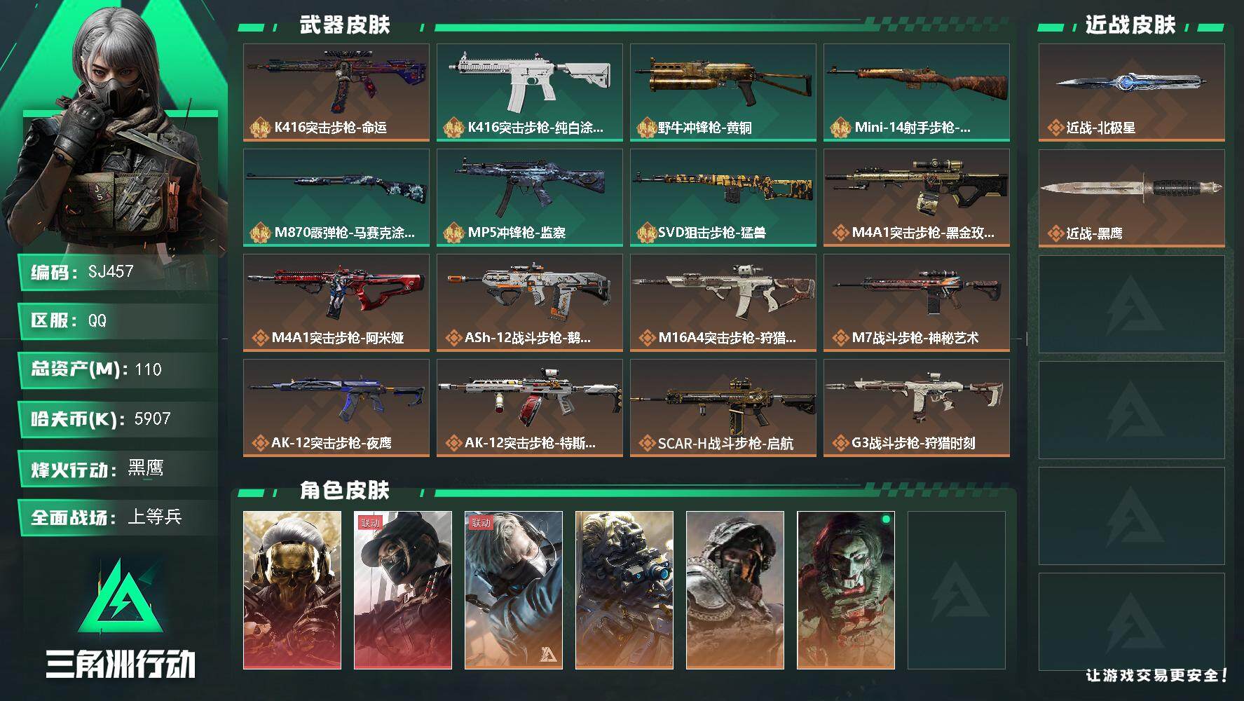 三角洲行动账号QQ5907k哈伏币-80m流动资产-60烽火等级-黑鹰-47战场等级-上等兵
【干员外观】：红狼-蚀金