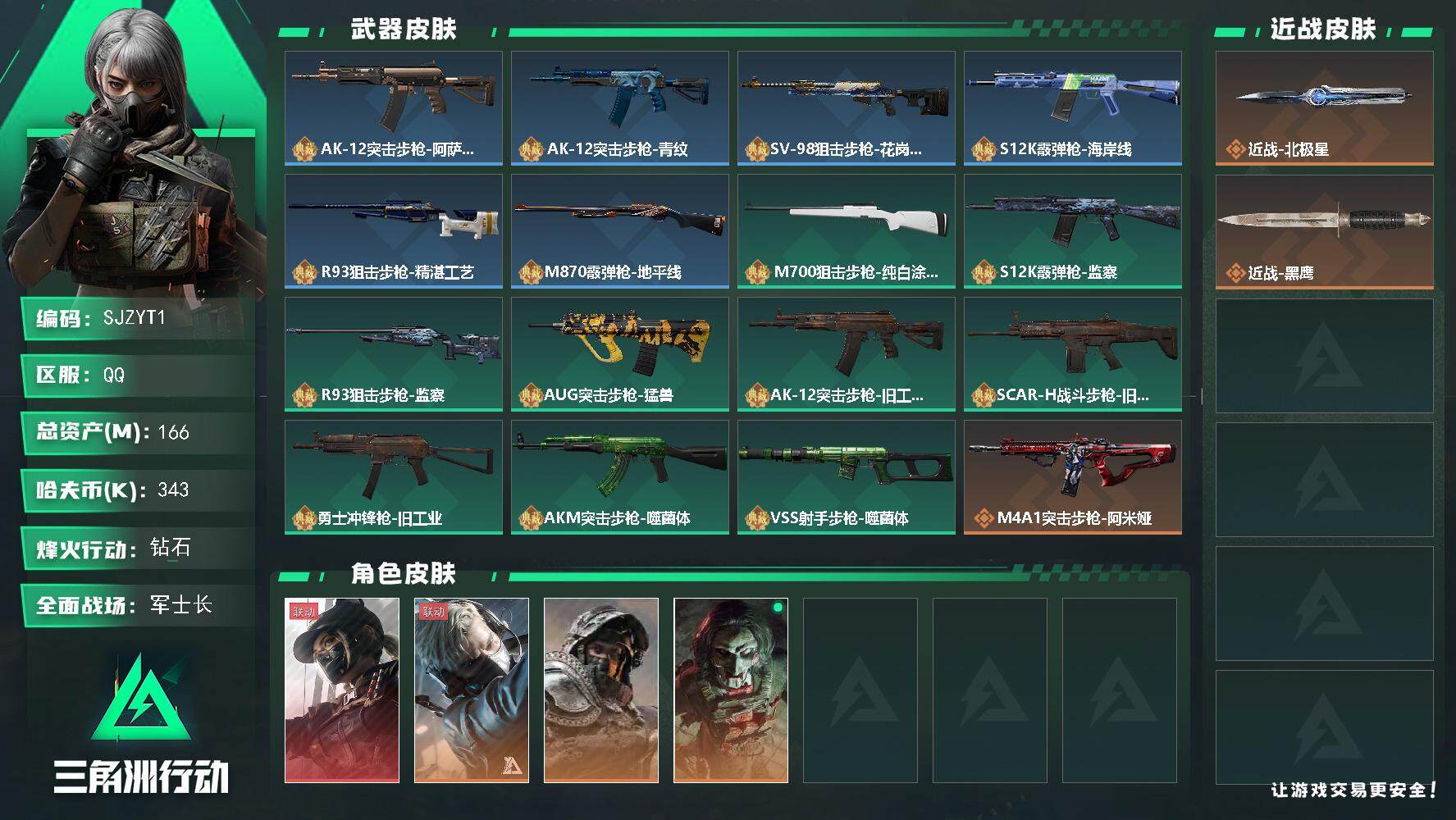 三角洲行动账号QQ【SJZYT1】总资产(M)：166M/哈夫币(K)：343K/哈夫币(K)：343K/传说枪皮数：