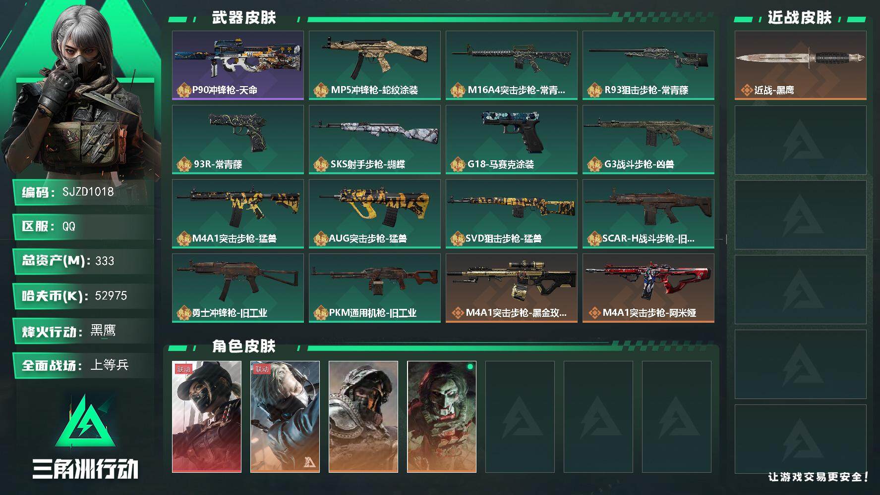 三角洲行动账号QQ【SJZD1018】总资产(M)：333M/哈夫币(K)：52975K/哈夫币(K)：52975K/全面战场等级：50_段位：上等兵/烽火地带等级：60_段位：黑鹰/露娜-黑·天际线/蜂医-送葬人·