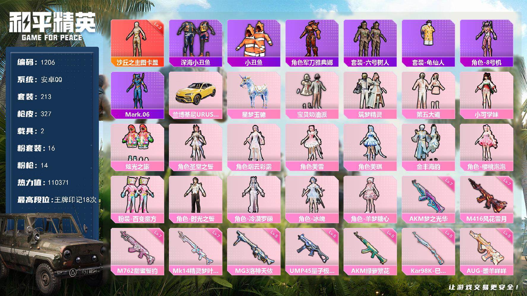 和平精英账号安卓QQ2载具-213套装-327枪皮-213套装/枪械14/装备502/载具2/战备243/王牌印记18/