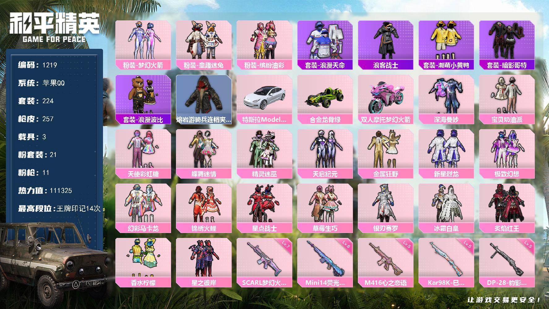 和平精英账号苹果QQ3载具-224套装-257枪皮-224套装/枪械11/装备413/载具3/战备161/王牌印记14/