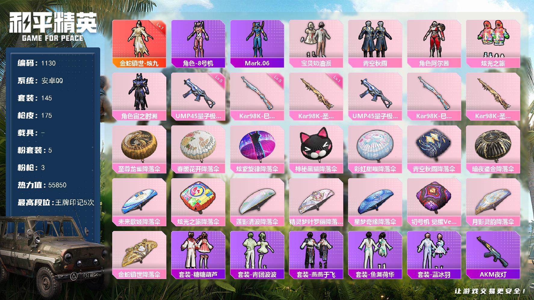 和平精英账号安卓QQ0载具-145套装-175枪皮-145套装/枪械3/装备204/战备138/王牌印记5/热力值558