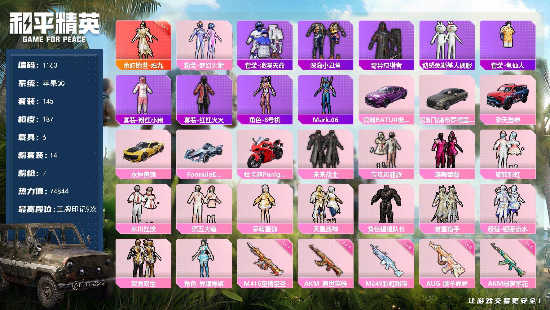 和平精英账号苹果QQ6载具-145套装-187枪皮-145套装/枪械7/装备264/载具6/战备132/王牌印记9/热力