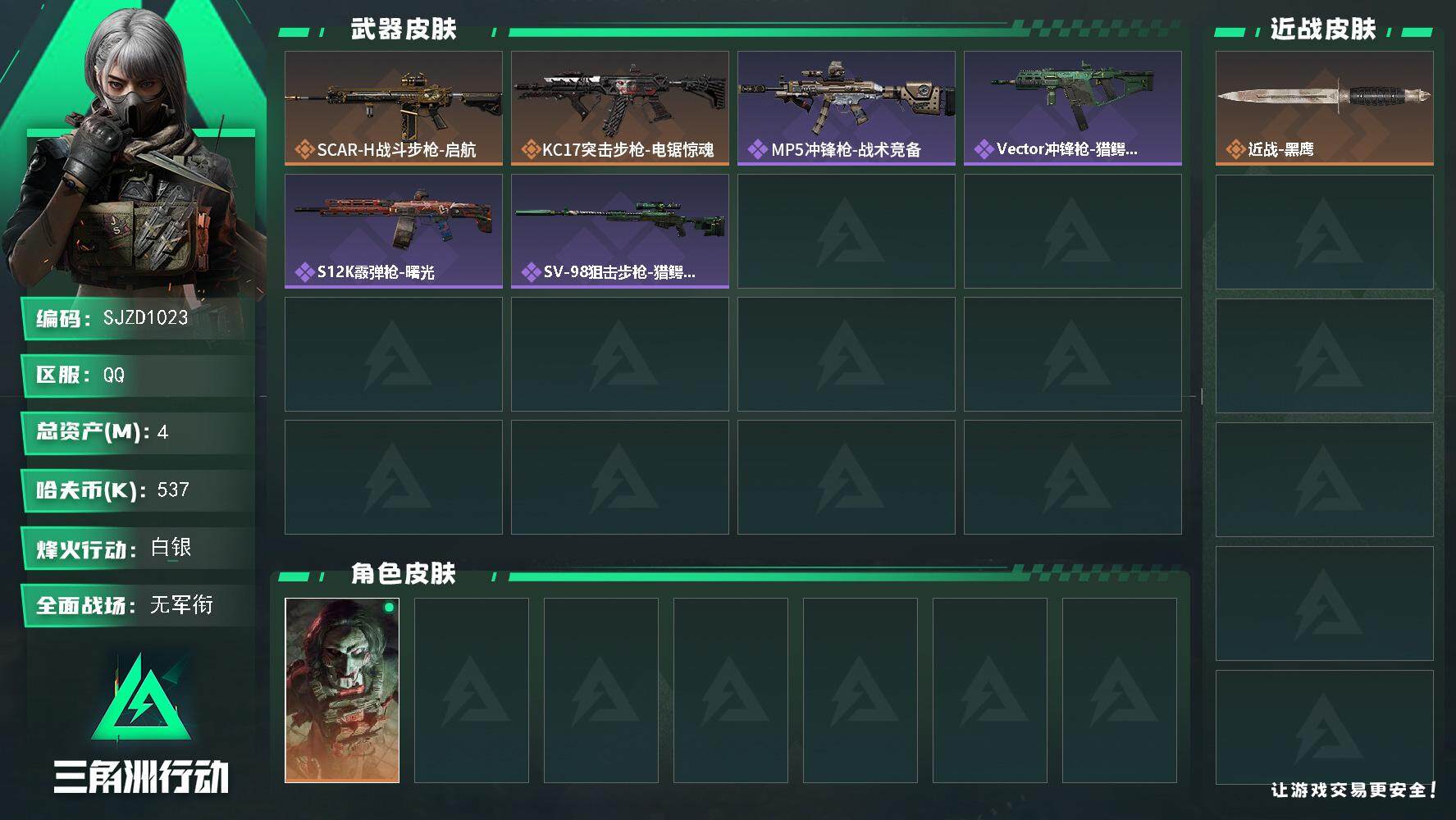 三角洲行动账号QQ【SJZD1023】总资产(M)：4M/哈夫币(K)：537K/哈夫币(K)：537K/传说枪皮数：2/全面战场等级：1_段位：无段位/烽火地带等级：60_段位：白银/红狼-电锯惊魂/近战-黑鹰/S