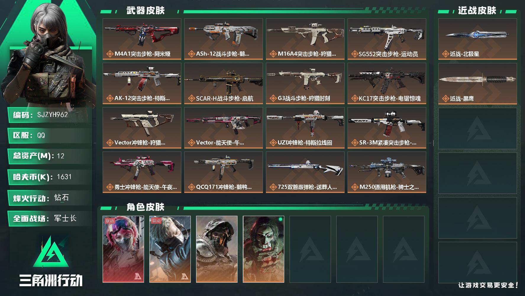 三角洲行动账号QQ【SJZYH962】总资产(M)：12M/哈夫币(K)：1631K/哈夫币(K)：1631K/全面战场等级：35_段位：军士长/烽火地带等级：60_段位：钻石/蛊-能天使午夜邮差/蜂医-送葬人·无题