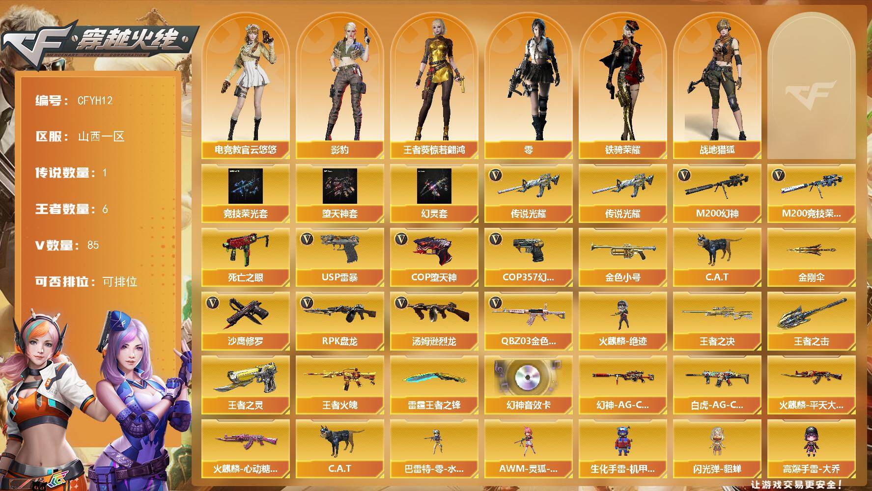 穿越火线账号北部战区【CFYH12】81V/102级/荣耀元首/1传说/6王者/4英雄/竞技荣光套/堕天神套/幻灵套/传