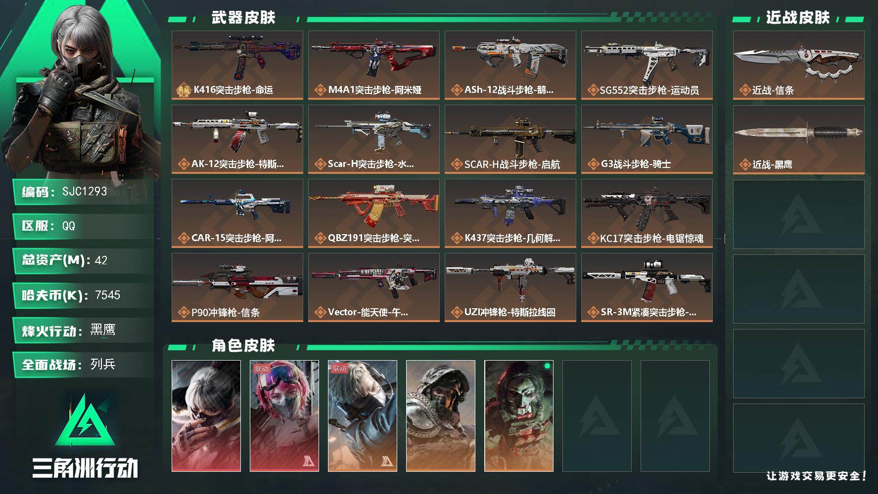 三角洲行动账号QQ【SJC1293】总资产(M)：42M/哈夫币(K)：7545K/哈夫币(K)：7545K/全面战场