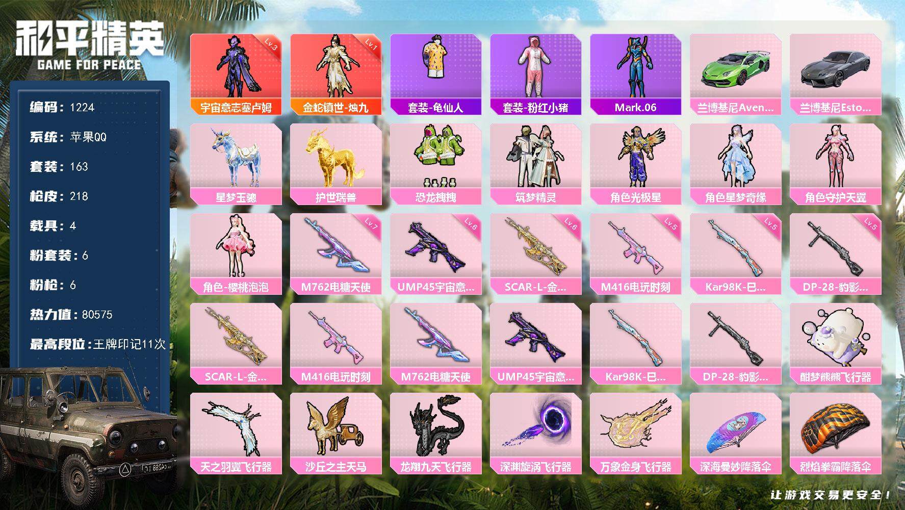 和平精英账号苹果QQ4载具-163套装-218枪皮-163套装/枪械6/装备300/载具4/战备160/王牌印记11/热