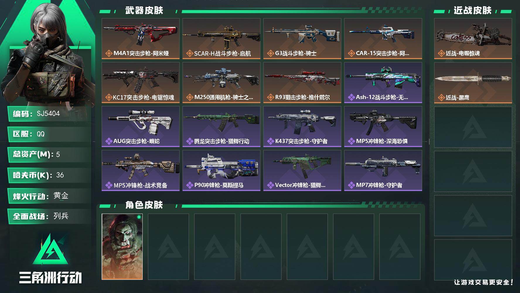 三角洲行动账号QQ【SJ5404】总资产(M)：5M/哈夫币(K)：36K/哈夫币(K)：36K/传说枪皮数：7/全面