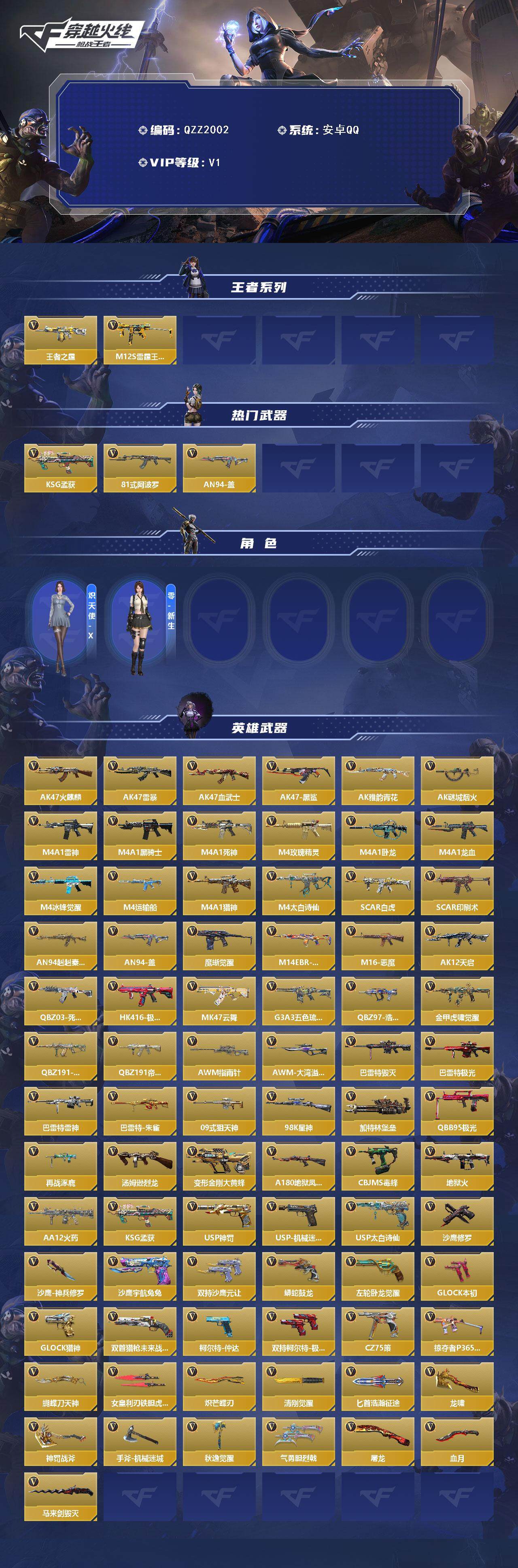枪战王者账号安卓QQ【QZZ2002】VIP1/158V/王者之霆/M12S-雷霆王者/KSG-孟获/81式-阿波罗/A