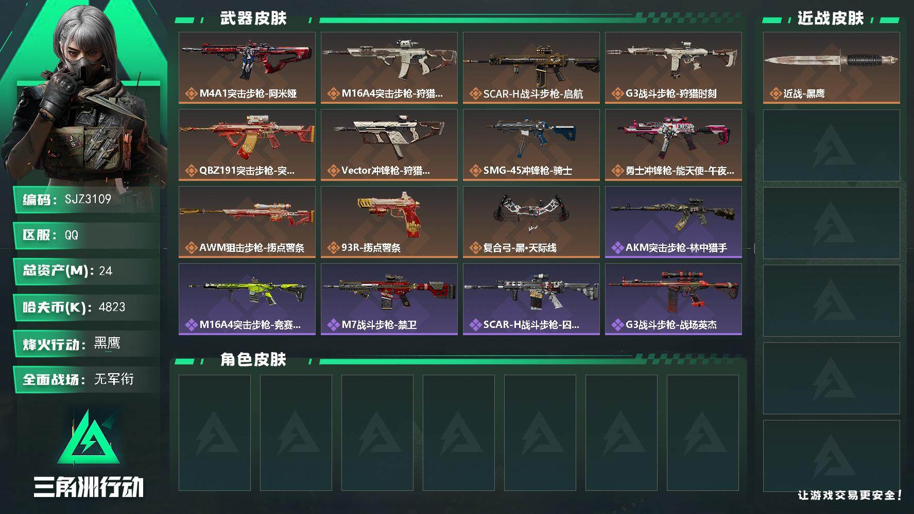 三角洲行动账号QQ【SJZ3109】总资产(M)：24M/哈夫币(K)：4823K/哈夫币(K)：4823K/全面战场