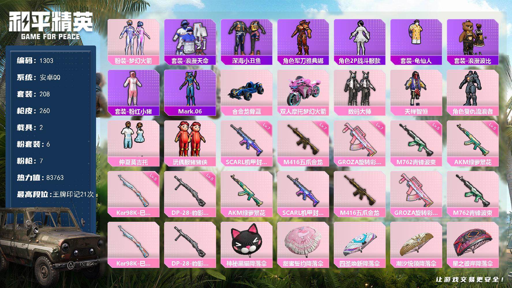 和平精英账号安卓QQ2载具-208套装-260枪皮-208套装/枪械7/装备328/载具2/战备190/王牌印记21/热