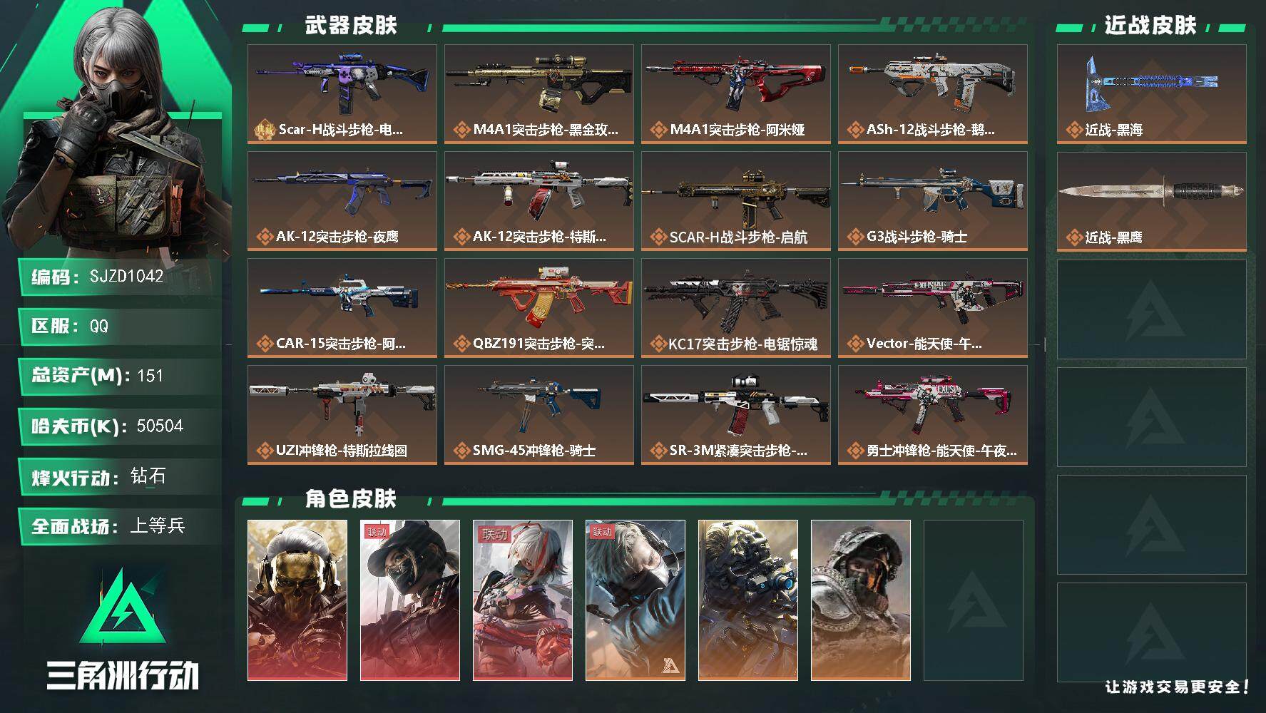 三角洲行动账号QQ【SJZD1042】总资产(M)：151M/哈夫币(K)：50504K/哈夫币(K)：50504K/传说枪皮数：26/全面战场等级：12_段位：上等兵/烽火地带等级：60_段位：钻石/红狼-蚀金玫瑰