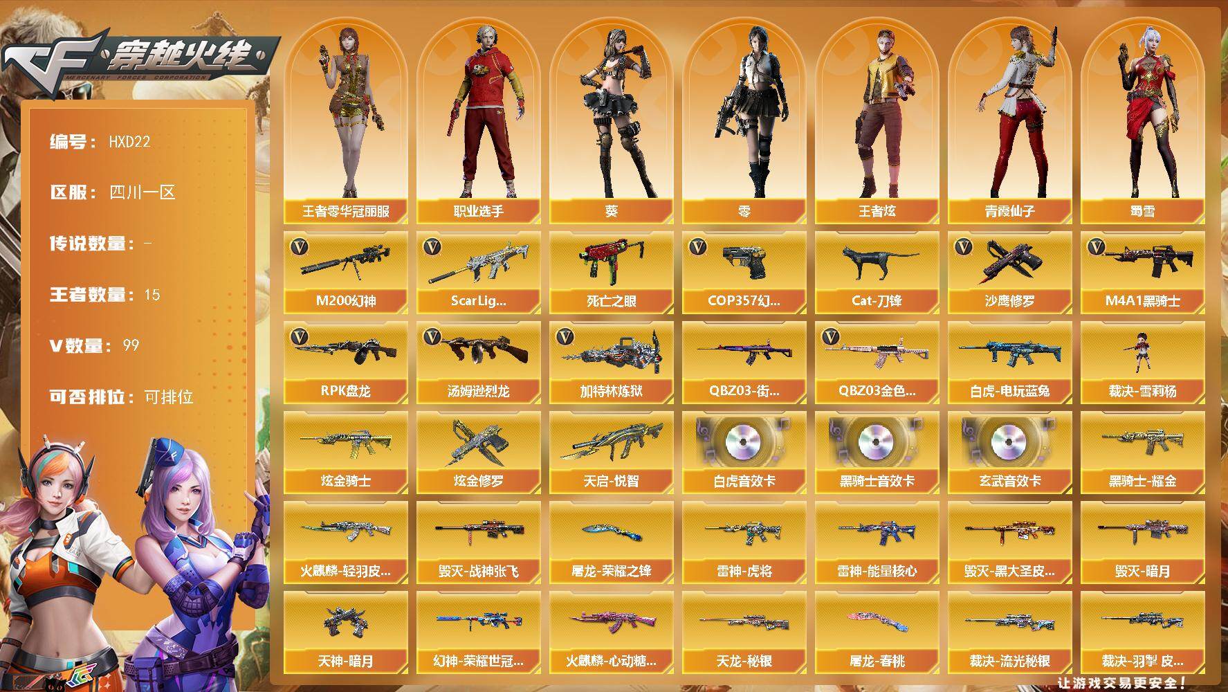 穿越火线账号西部战区【HXD22】96V/102级/荣耀元首/15王者/2炫金/3英雄/QBZ03-金色蔷薇/Scar 