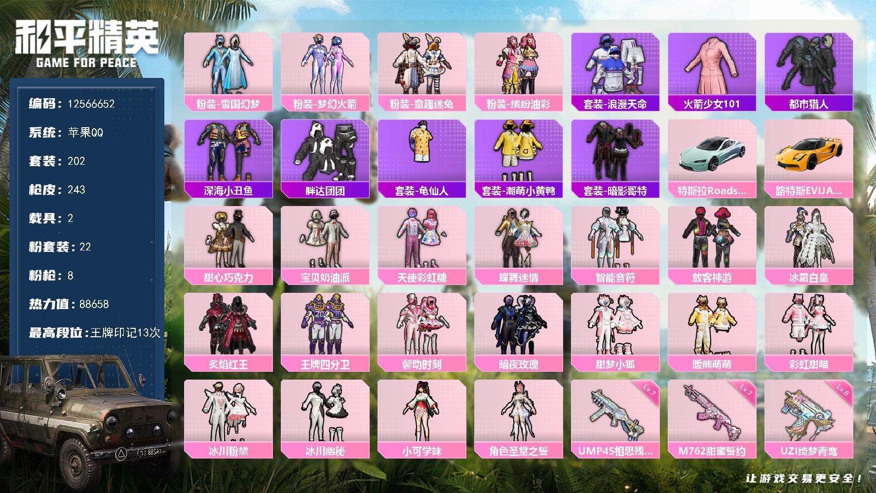 和平精英账号苹果QQYZJ11034-可二次 苹果Q-钱包不可用【极品老1身法女号 素材多样风格百变 73级收藏家 新老