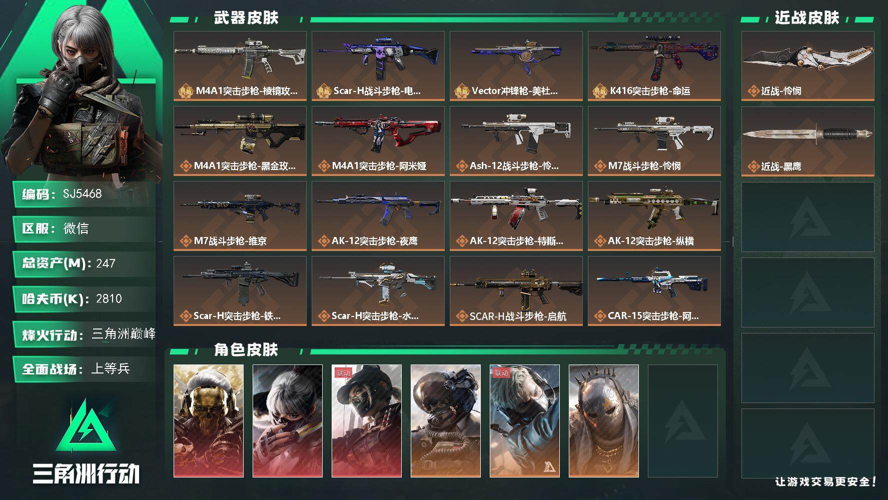 三角洲行动账号VX【SJ5468】总资产(M)：247M/哈夫币(K)：2810K/哈夫币(K)：2810K/全面战场等级：33_段位：上等兵/烽火地带等级：60_段位：三角洲巅峰/红狼-蚀金玫瑰/骇爪-水墨云图/露