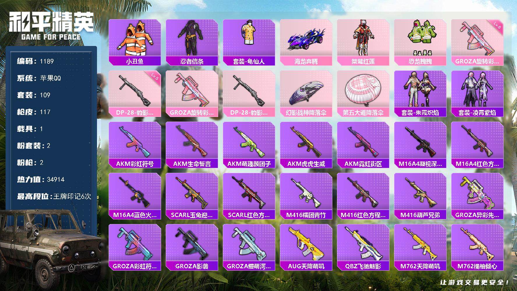 和平精英账号苹果QQ1载具-109套装-117枪皮-109套装/枪械2/装备121/载具1/战备76/王牌印记6/热力值