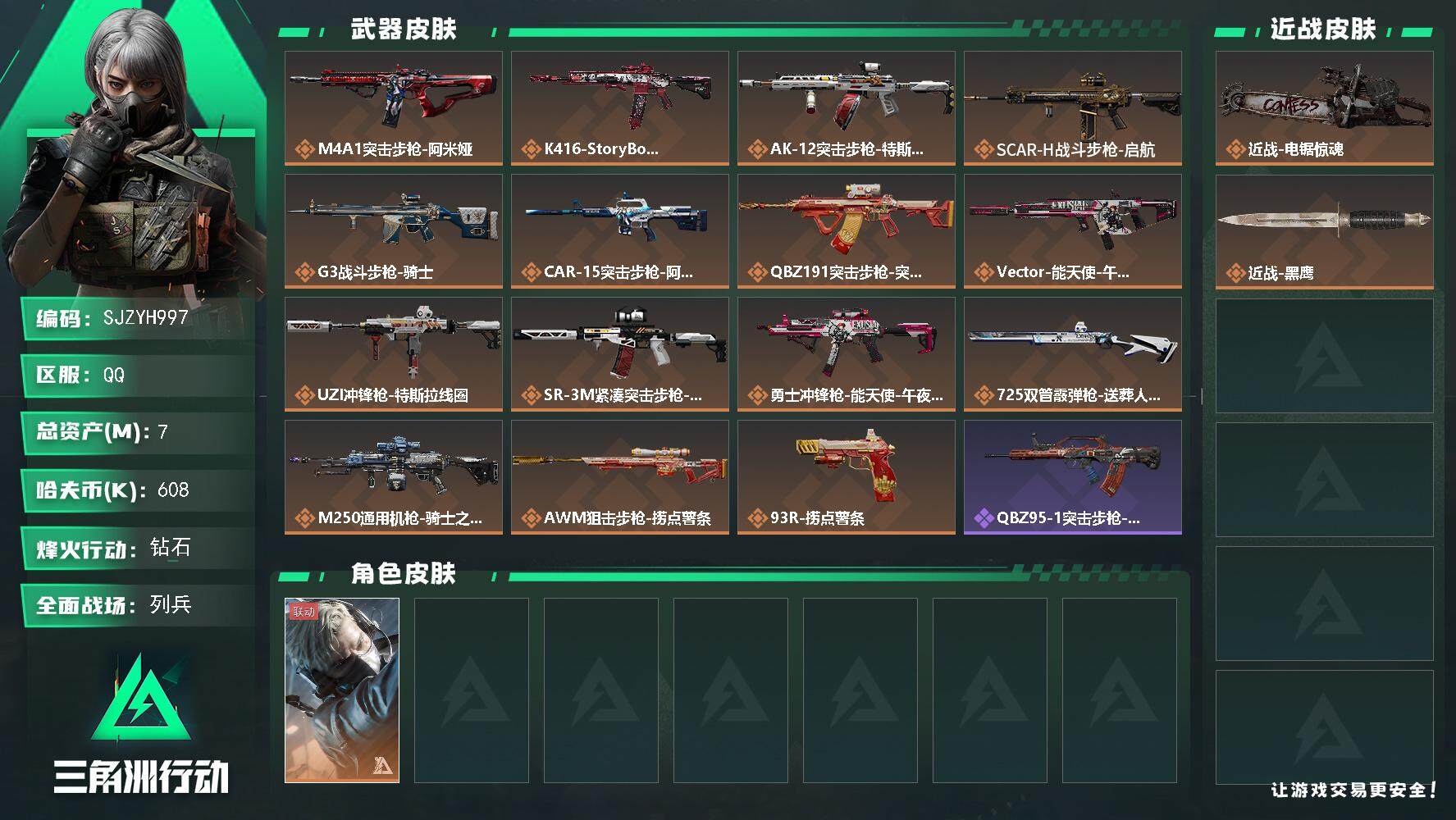 三角洲行动账号QQ【SJZYH997】总资产(M)：7M/哈夫币(K)：608K/哈夫币(K)：608K/全面战场等级：9_段位：列兵/烽火地带等级：60_段位：钻石/蜂医-送葬人·无题密令/近战-电锯惊魂/近战-黑