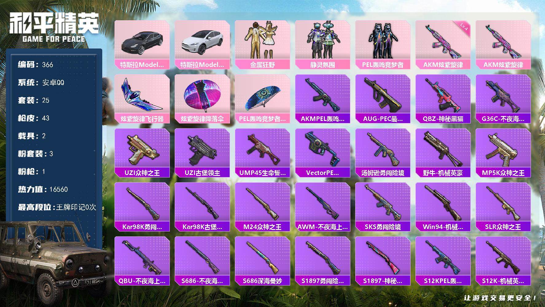 和平精英账号安卓QQ2载具-25套装-43枪皮-25套装/枪械1/装备57/载具2/战备36/热力值16560/四级AK