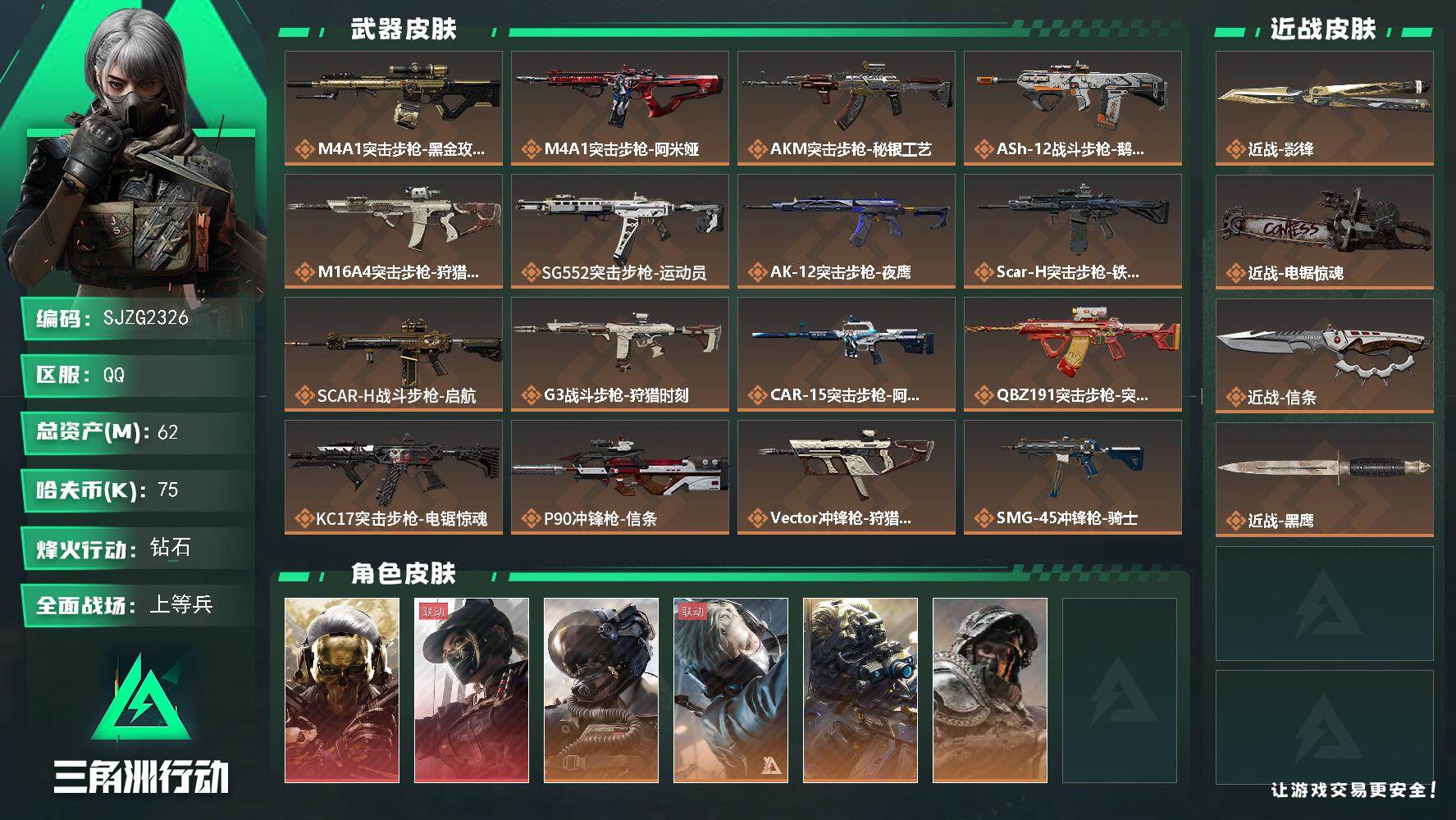 三角洲行动账号QQ【SJZG2326】总资产(M)：62M/哈夫币(K)：75K/哈夫币(K)：75K/全面战场等级：
