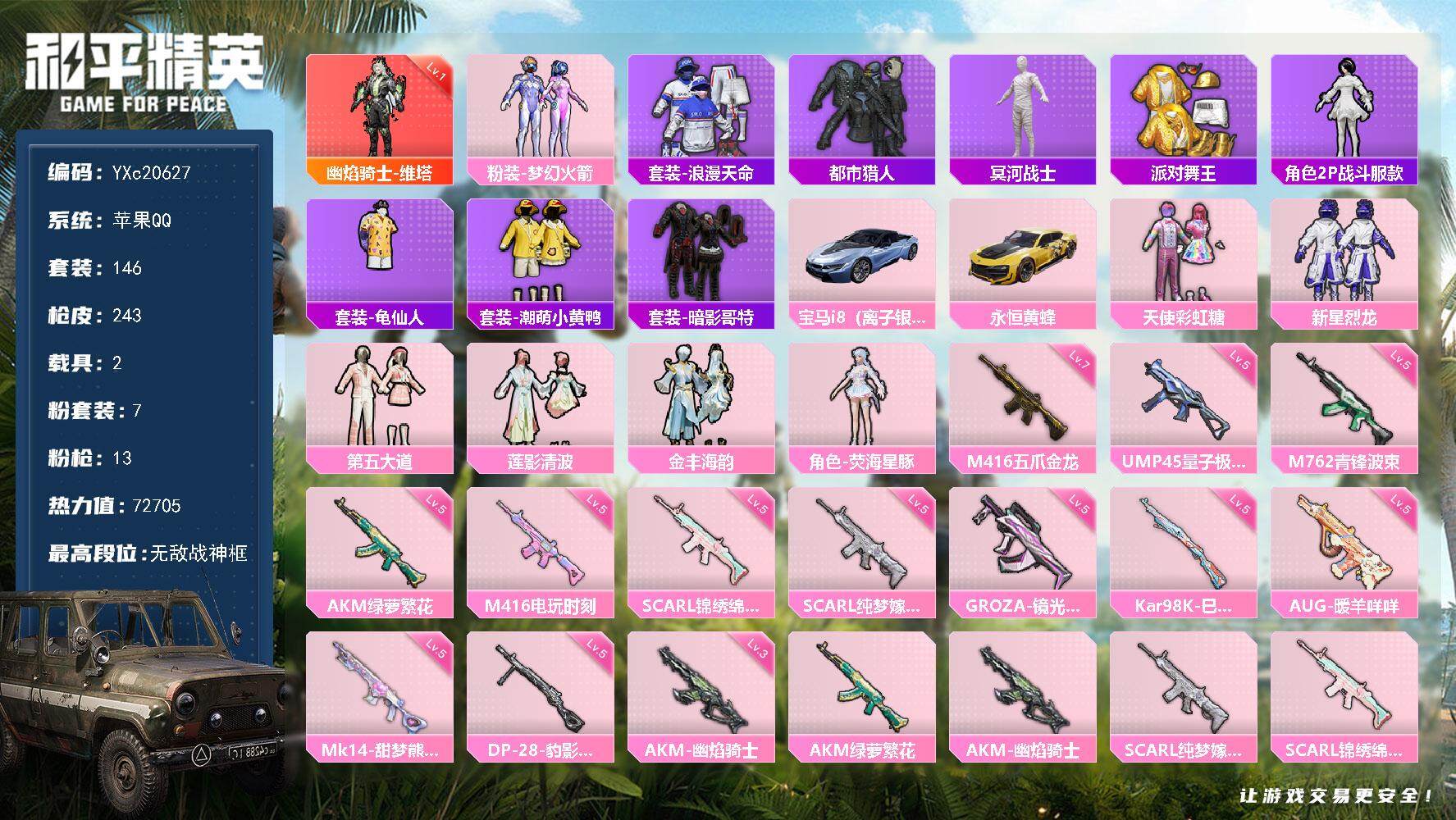 和平精英账号苹果QQ2载具-146套装-243枪皮-【1级维塔 战神框 木乃伊 都市 金鞋 新101 哥特 粉熊包 满地
