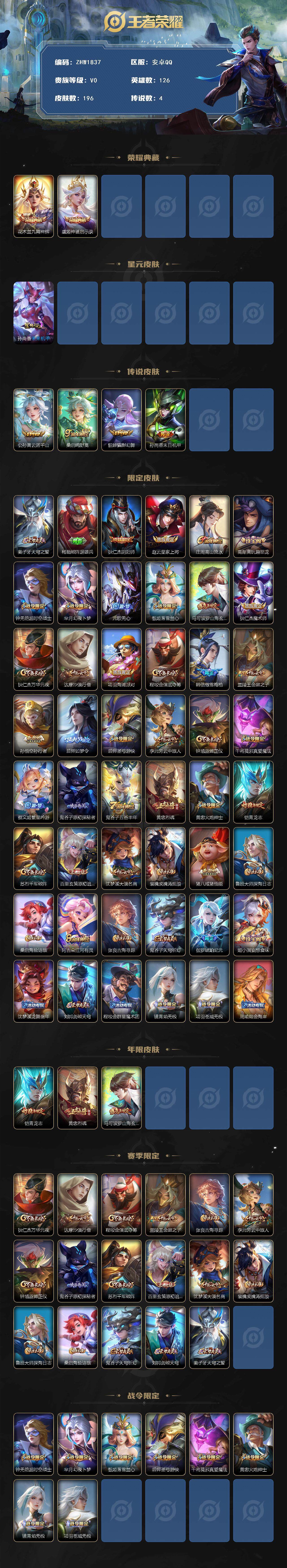 王者荣耀账号安卓QQ可二次【店主推荐捡漏号！可直接换绑/34段发育】：安卓Q-V6-永恒钻石II段位-126英雄-196皮肤-2典藏皮肤-4传说-1星元-54史诗
【荣耀典藏】：花木兰九霄神辉，虞姬神鉴启示录
【传说皮