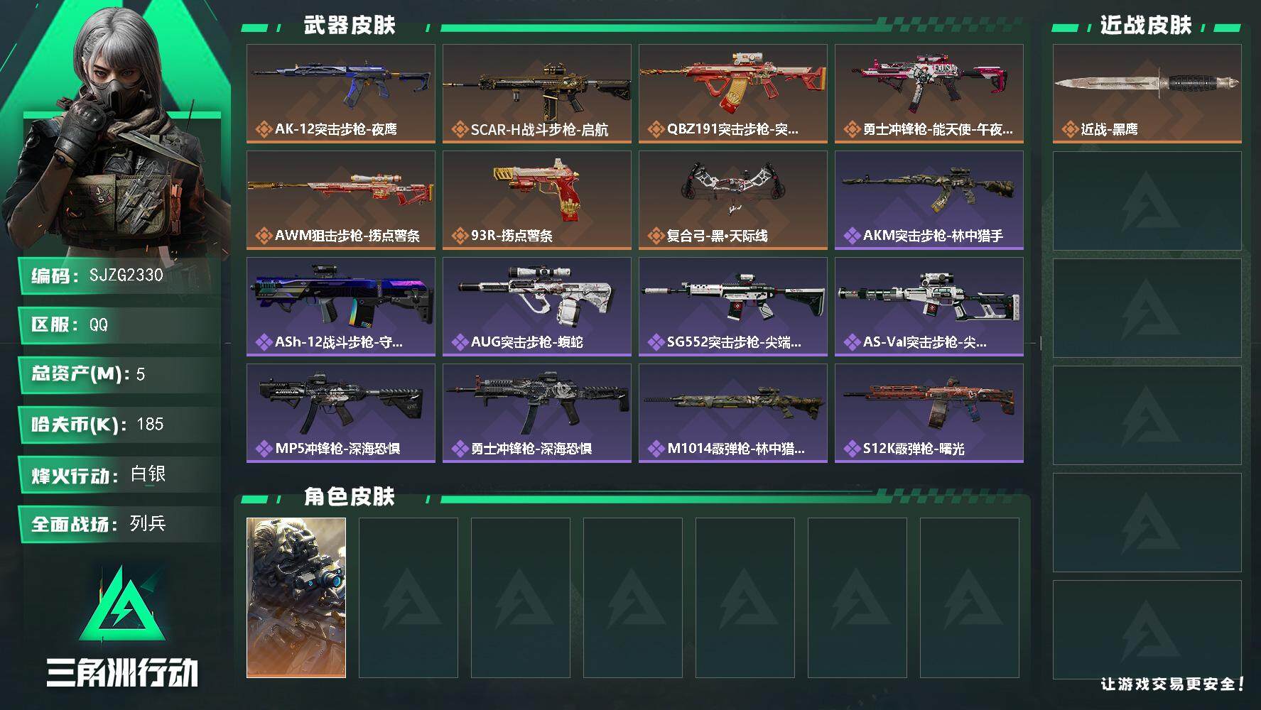 三角洲行动账号QQ【SJZG2330】总资产(M)：5M/哈夫币(K)：185K/哈夫币(K)：185K/全面战场等级：15_段位：列兵/烽火地带等级：60_段位：白银/无名-夜鹰/近战-黑鹰/AK-12突击步枪-夜