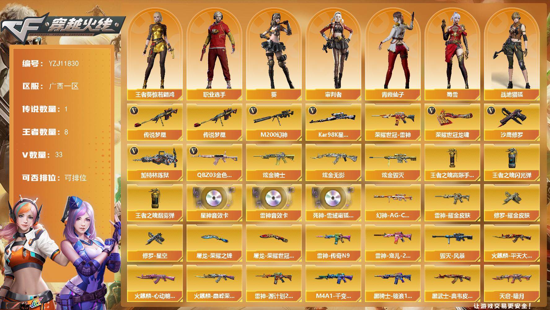 穿越火线账号南部战区广西一区PX_2288291-可二次-安全限制不影响游戏正常使用-广西一区-33V-8王者-3炫金【传说武器】：传说梦魇【热门武器】：传说梦魇，加特林-炼狱，Kar98K-星神，M200-幻神，QB