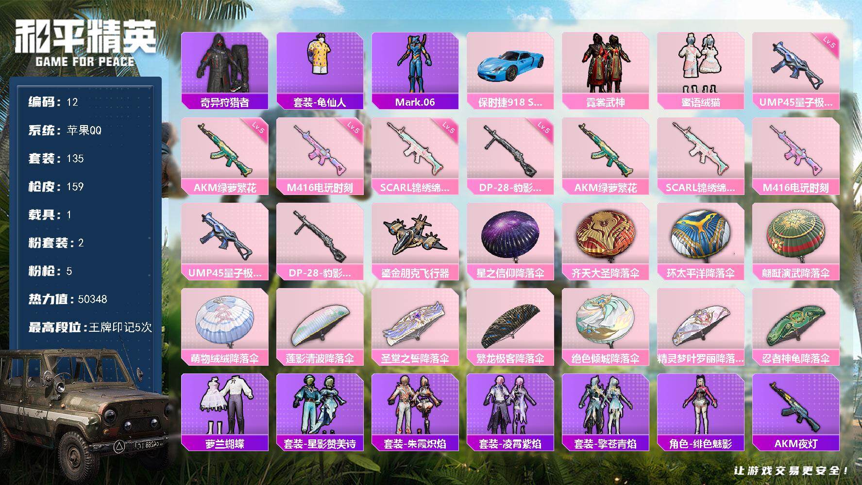和平精英账号苹果QQ1载具-135套装-159枪皮-苹果 手Q-2粉装-5特效枪-1载具-2粉色飞行器-50348热力值
