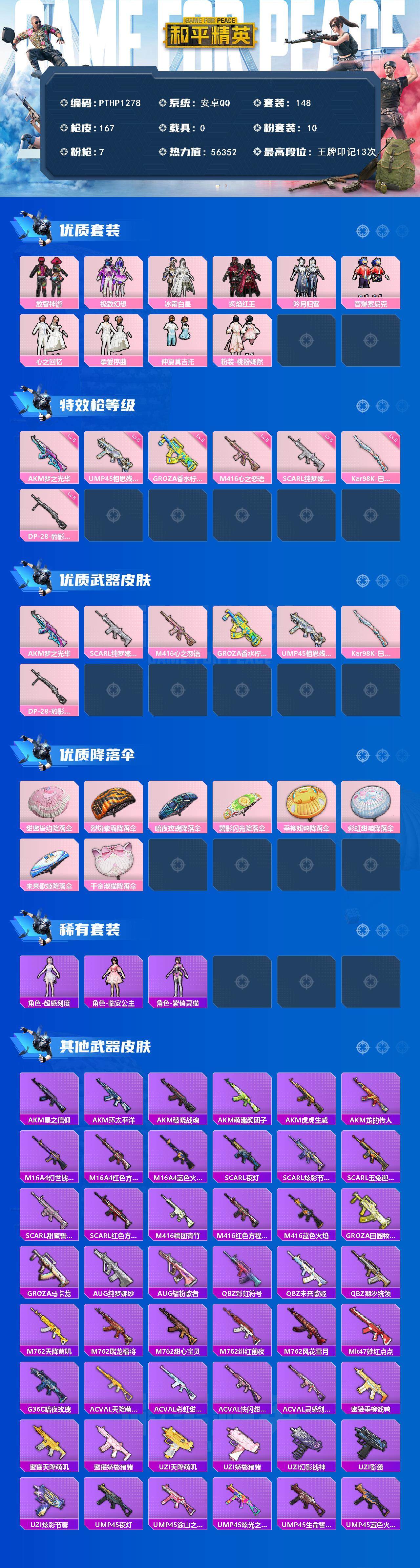 和平精英账号安卓QQ0载具-148套装-167枪皮-【PTHP1278】【最新上架】安卓 手Q-10粉装-7特效枪-0载