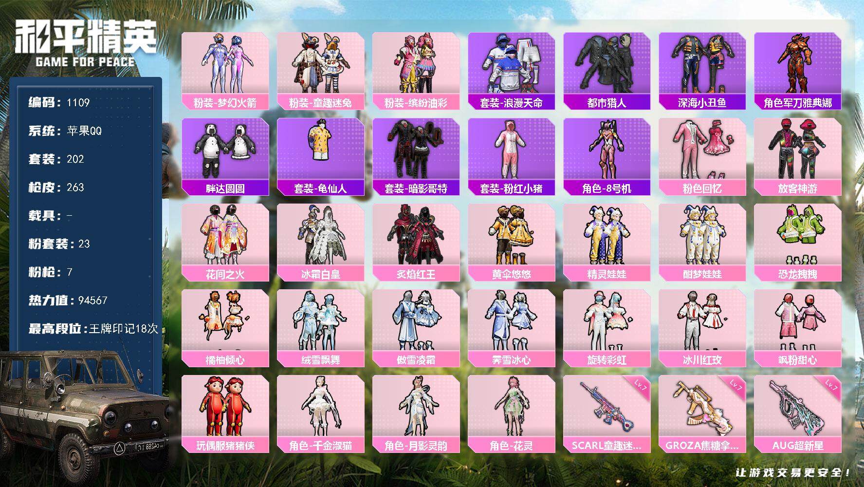和平精英账号苹果QQ0载具-202套装-263枪皮-202套装/枪械7/装备379/战备214/王牌印记18/热力值94