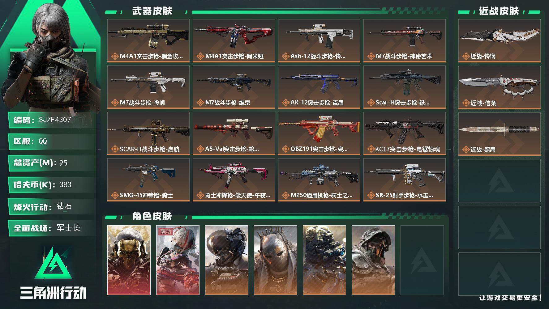 三角洲行动账号QQ【SJZF4307】总资产(M)：95M/哈夫币(K)：383K/哈夫币(K)：383K/全面战场等
