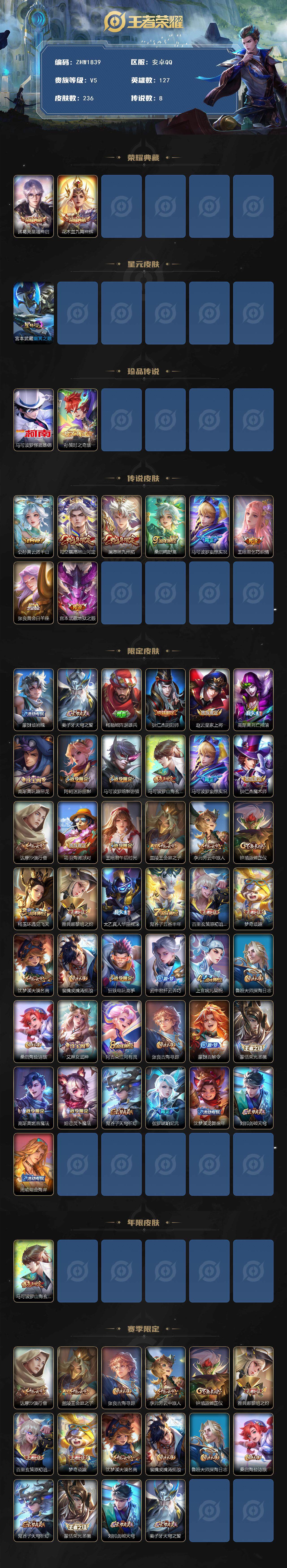 王者荣耀账号安卓QQ127英雄-236皮肤-【店主推荐捡漏号！可直接换绑】安卓Q-V5-最强王者段位-127英雄-236
