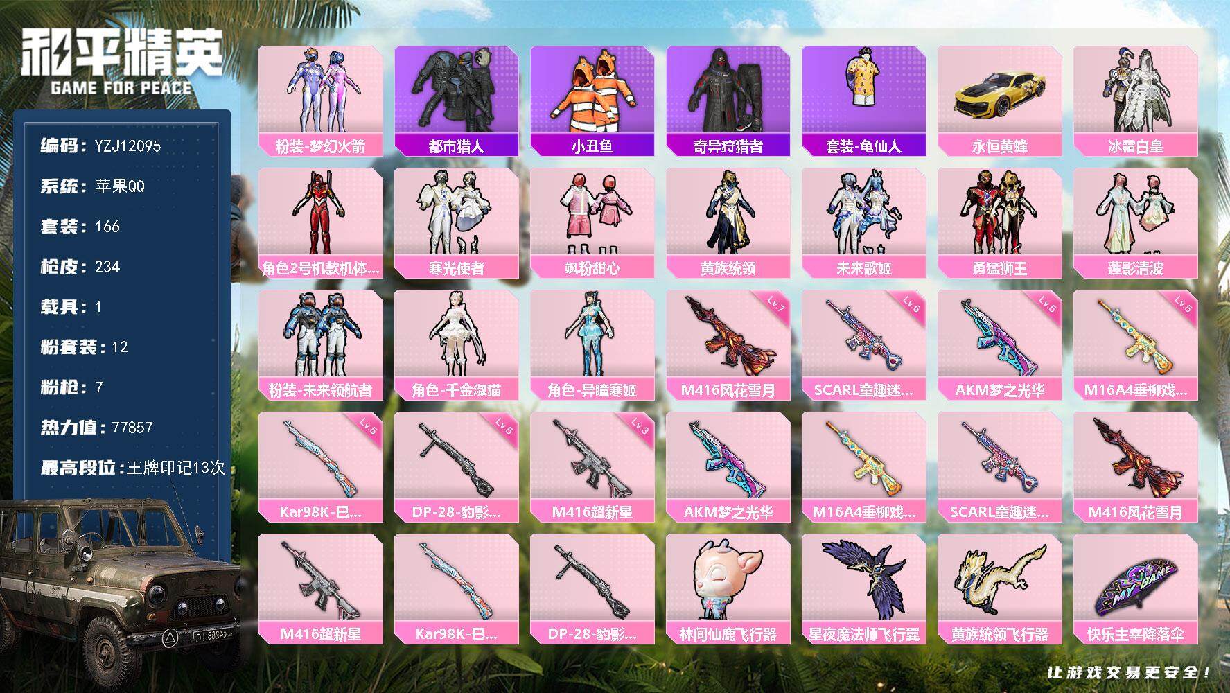 和平精英账号苹果QQ1载具-166套装-234枪皮-YZJ12095 可二次 钱包不可用 苹果Q-4稀有1载具12粉装7