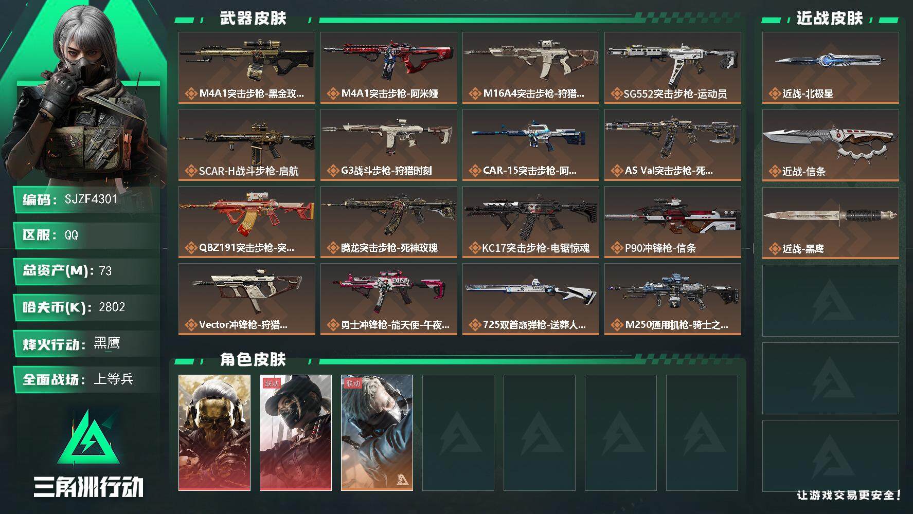 三角洲行动账号QQ【SJZF4301】总资产(M)：73M/哈夫币(K)：2802K/哈夫币(K)：2802K/全面战