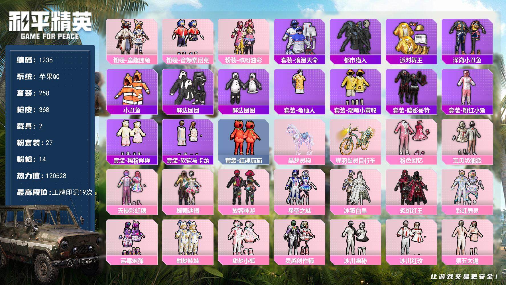 和平精英账号苹果QQ2载具-258套装-368枪皮-258套装/枪械14/装备450/载具2/战备259/王牌印记19/