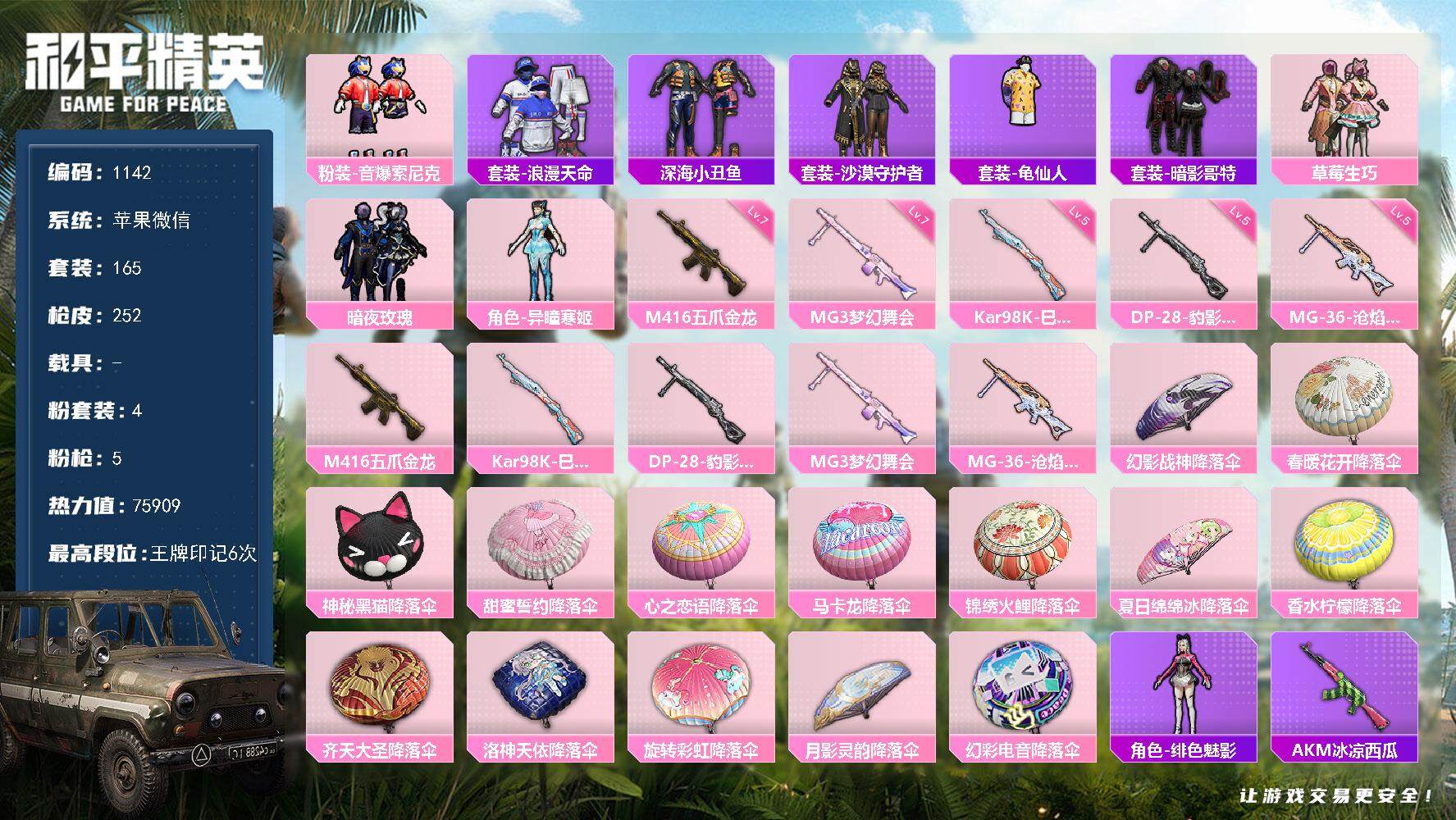 和平精英账号苹果微信0载具-165套装-252枪皮-wj空实名【小雾神，身法号，沙漠守护者，草莓生巧，暗影哥特，深海小丑