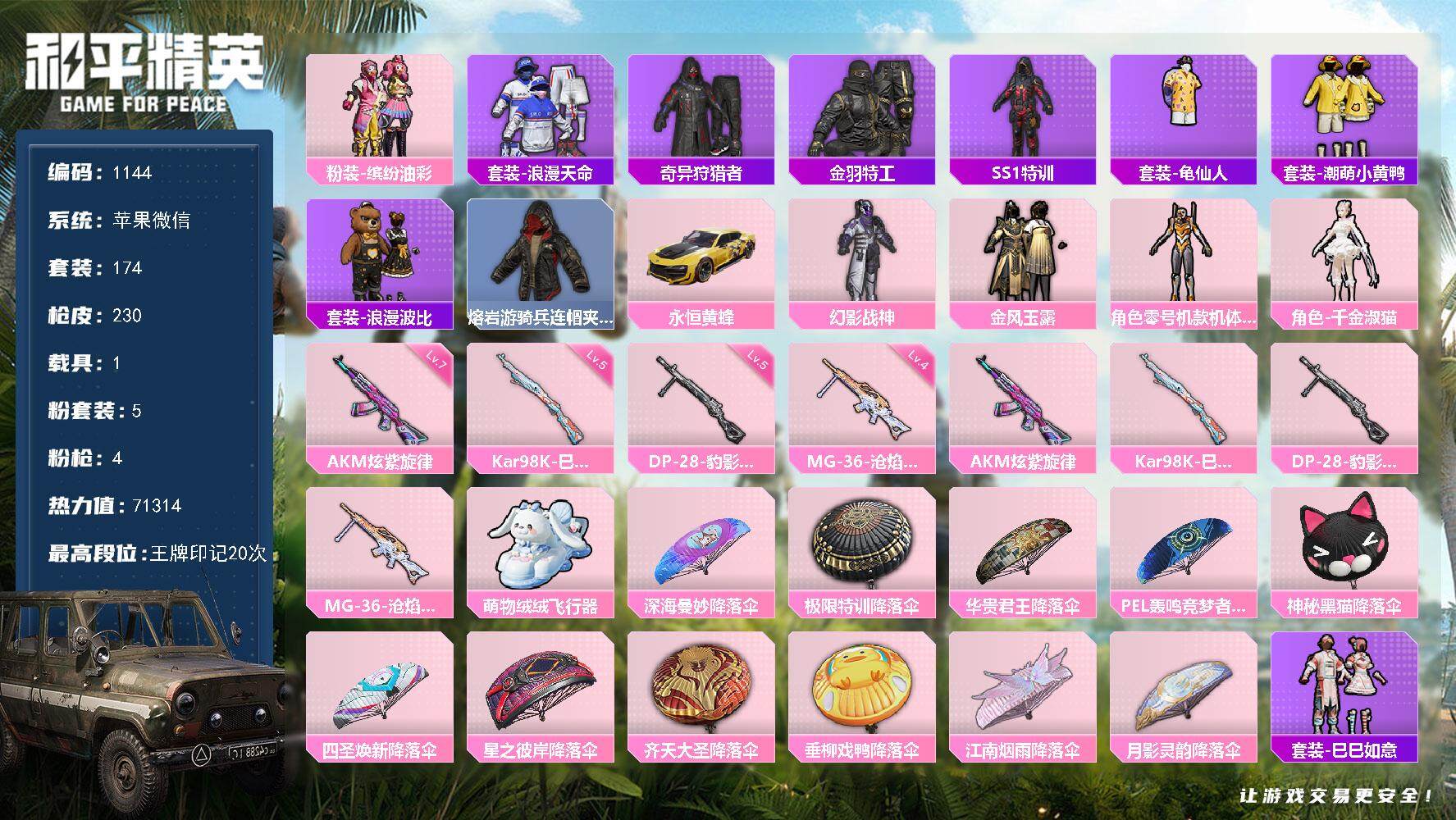 和平精英账号苹果微信【极品身法素材男神号·20印记·5粉·4特·1车·螳螂·猪脸·千金淑喵】V社交，游戏一切正常！苹果 