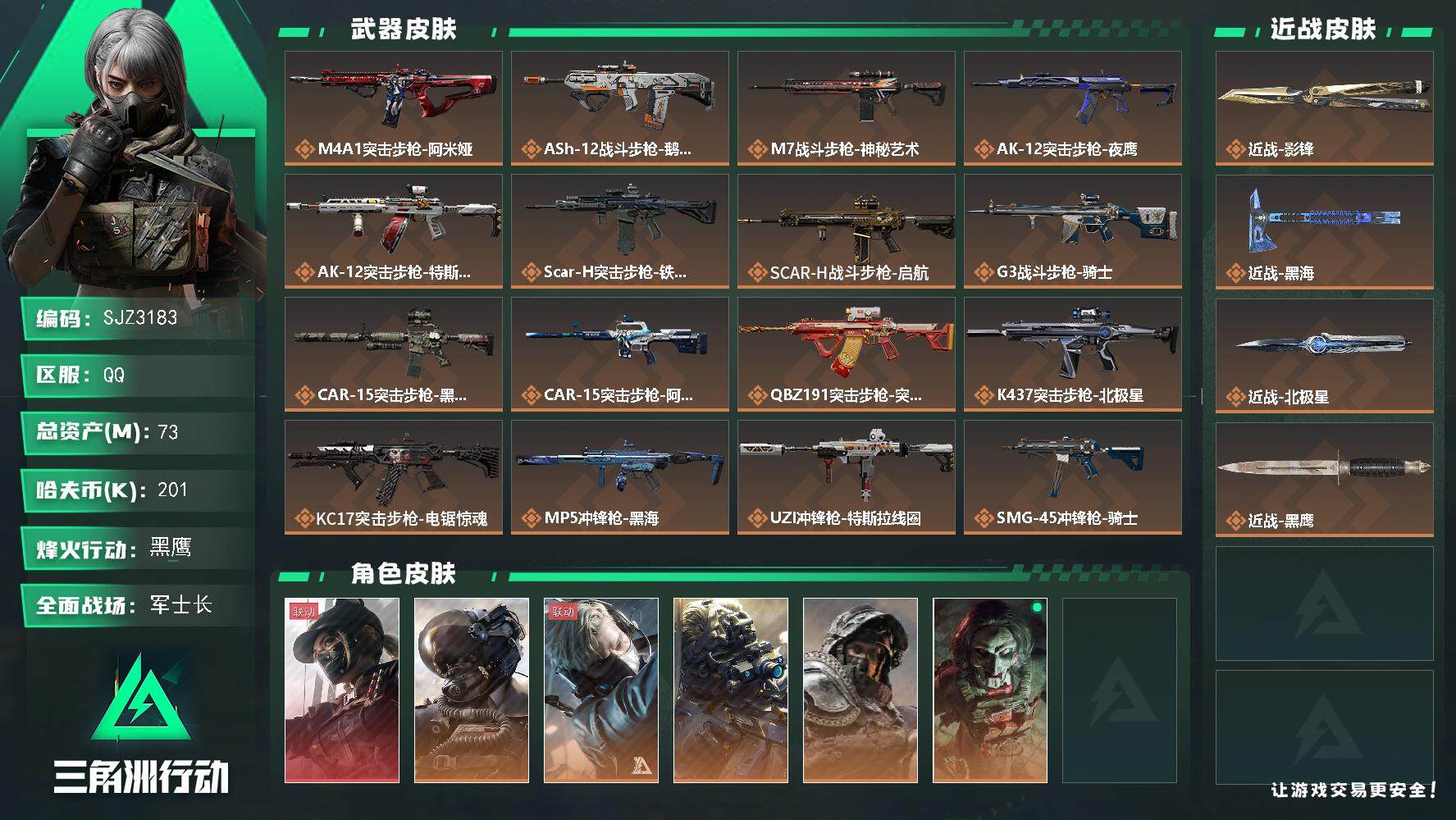 三角洲行动账号QQ【SJZ3183】总资产(M)：73M/哈夫币(K)：201K/哈夫币(K)：201K/全面战场等级：42_段位：军士长/烽火地带等级：60_段位：黑鹰/露娜-黑·天际线/威龙-壮志凌云/蜂医-送葬