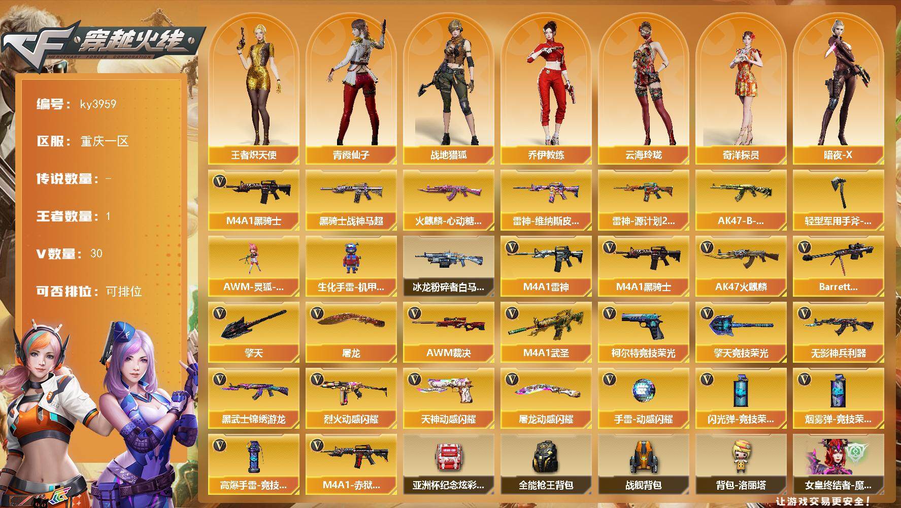 穿越火线账号西部战区重庆一区[14333288]重庆一区-30V-1王者-0炫金
【热门武器】：M4A1-黑骑士
【皮肤】：雷神-维纳斯皮肤，雷神-源计划2.0专属 皮肤，火麒麟-心动糖果，黑骑士-战神马超，AK47-B-常胜将