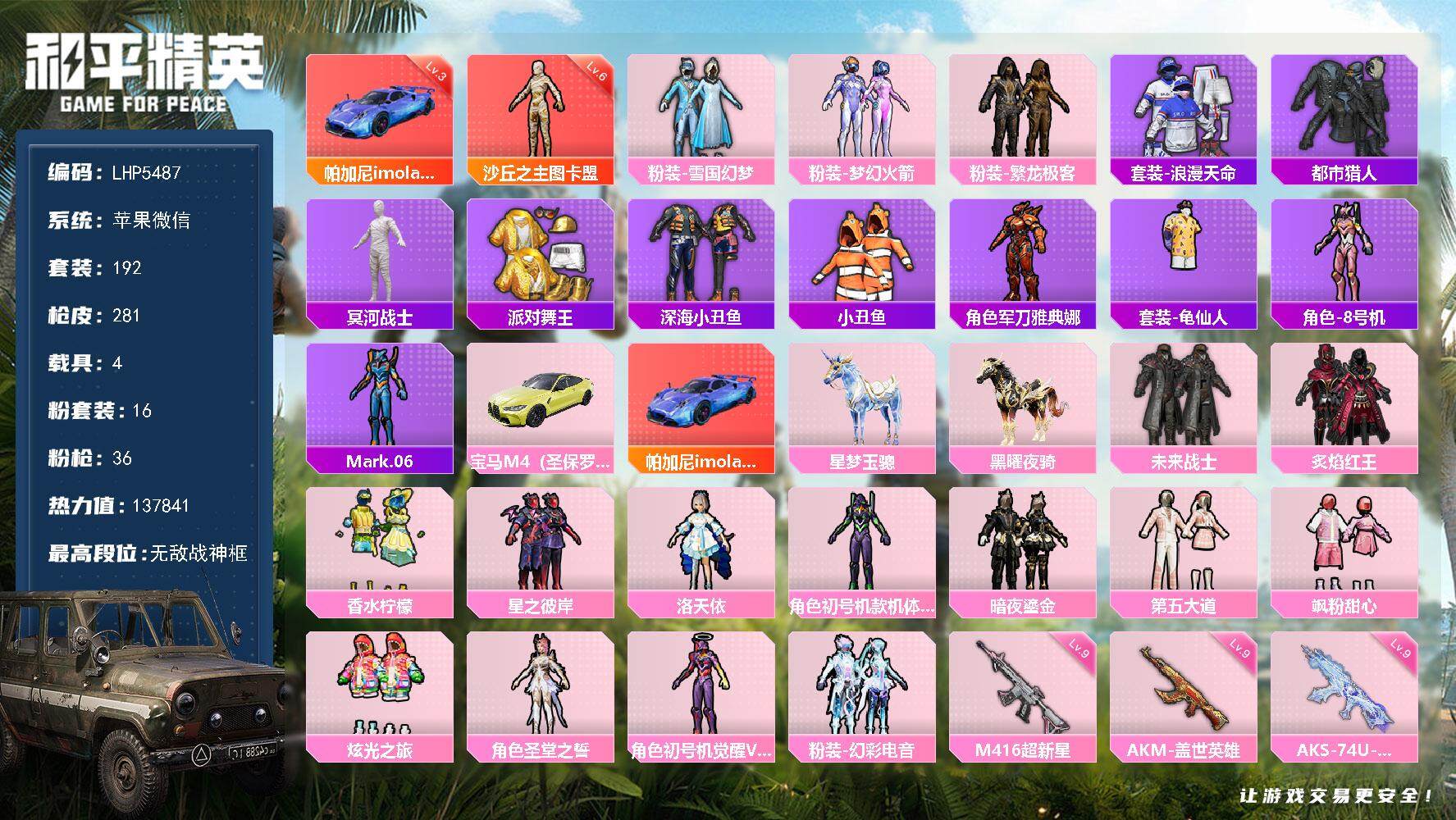 和平精英账号苹果微信4载具-192套装-281枪皮-[]素材身法号/AKS-74U-无垠阁(九级)/M416-超新星(九