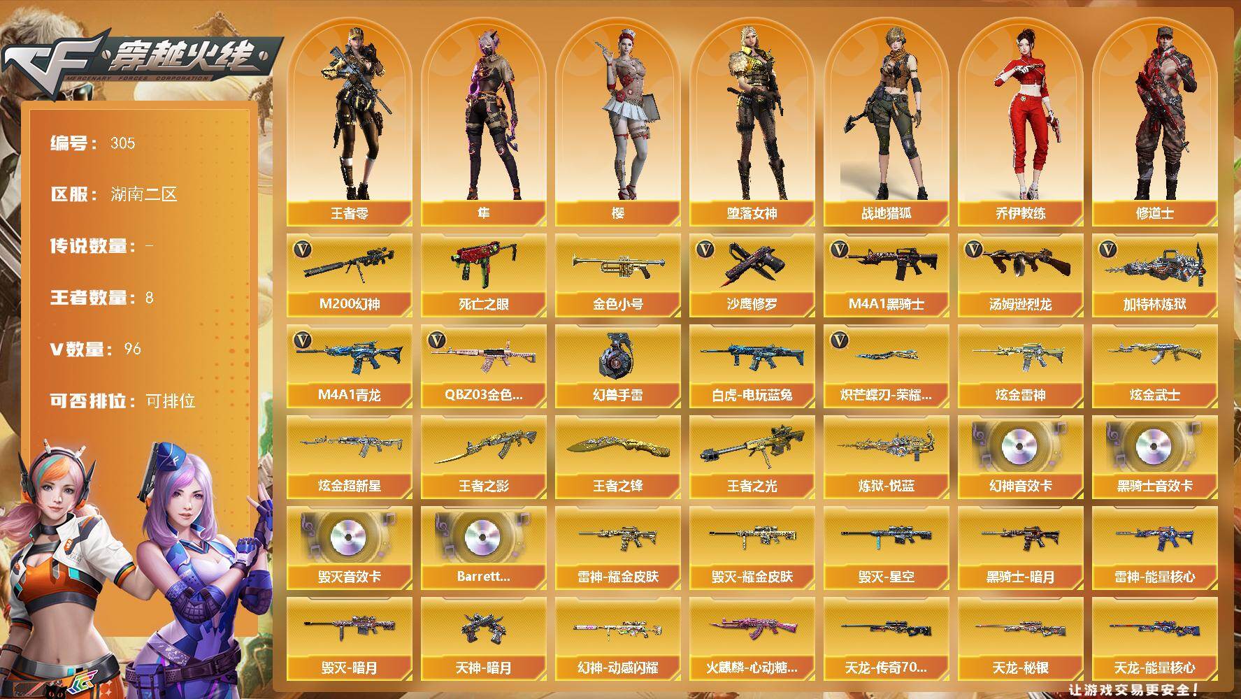 穿越火线账号南部战区湖南二区湖南二区-96V-8王者-3炫金
【热门武器】：QBZ03-金色蔷薇*2，M4A1-青龙，M200-