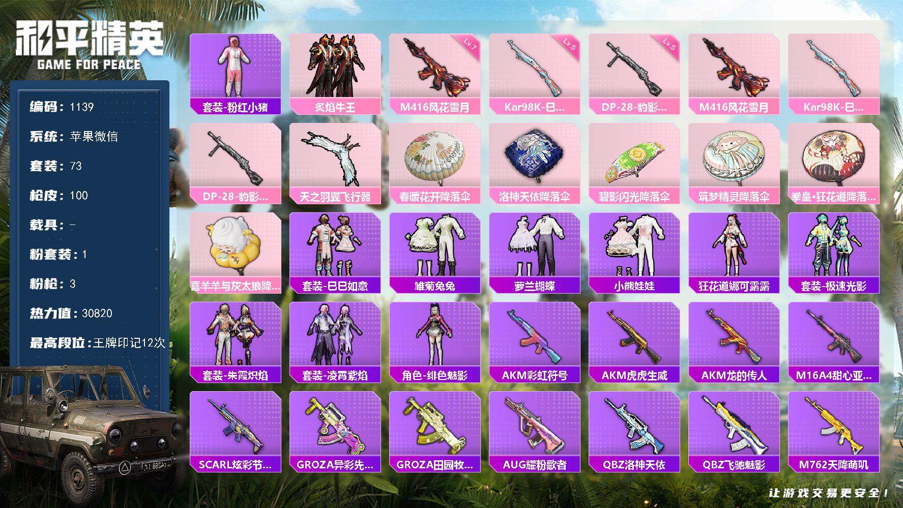 和平精英账号苹果微信0载具-73套装-100枪皮-wj苹果 微信-1粉装-3特效枪-0载具-1粉色飞行器-30820热力