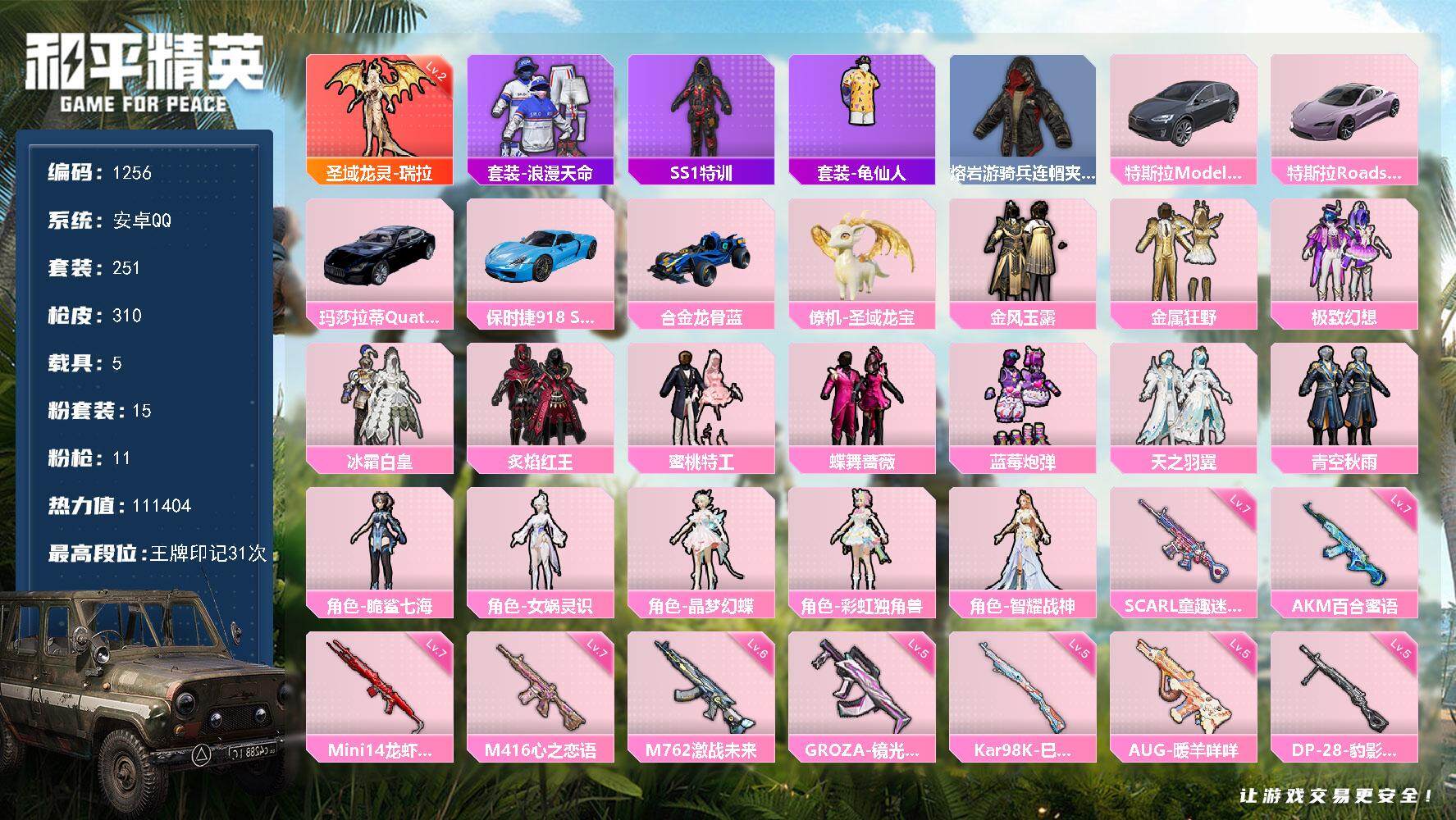 和平精英账号安卓QQ5载具-251套装-310枪皮-251套装/枪械11/装备404/载具5/战备240/王牌印记31/