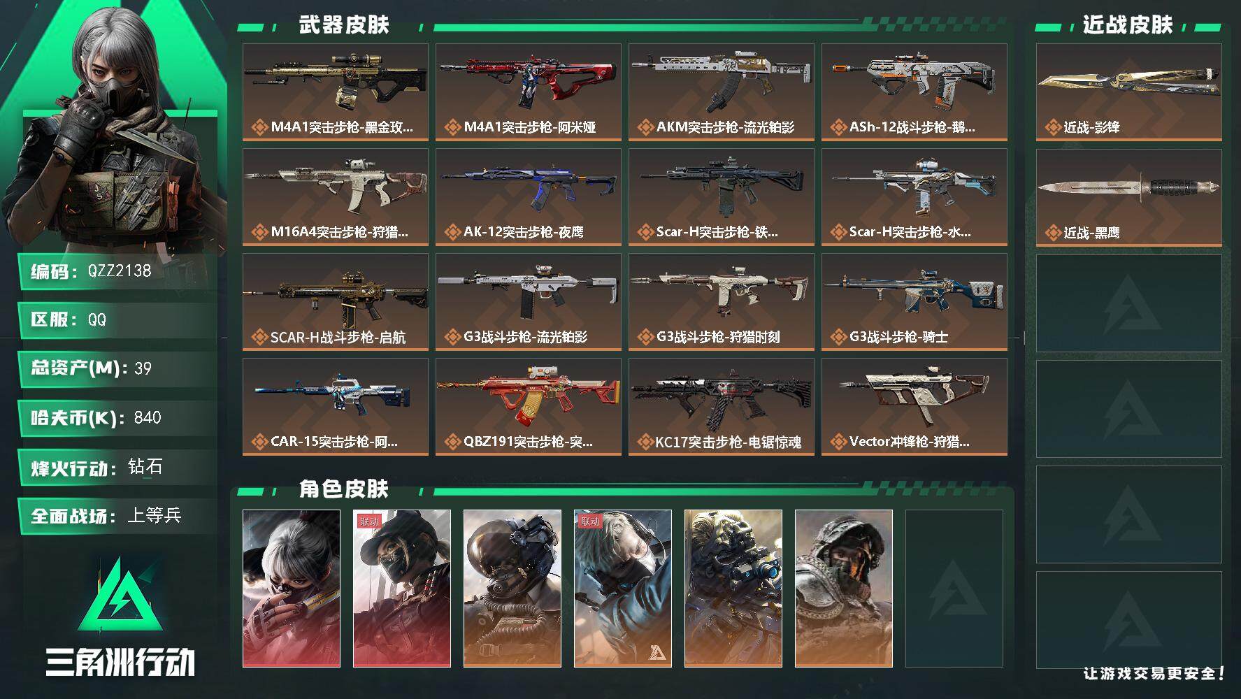 三角洲行动账号QQ【QZZ2138】总资产(M)：39M/哈夫币(K)：840K/哈夫币(K)：840K/全面战场等级：30_段位：上等兵/烽火地带等级：60_段位：钻石/骇爪-水墨云图/露娜-黑·天际线/威龙-壮志