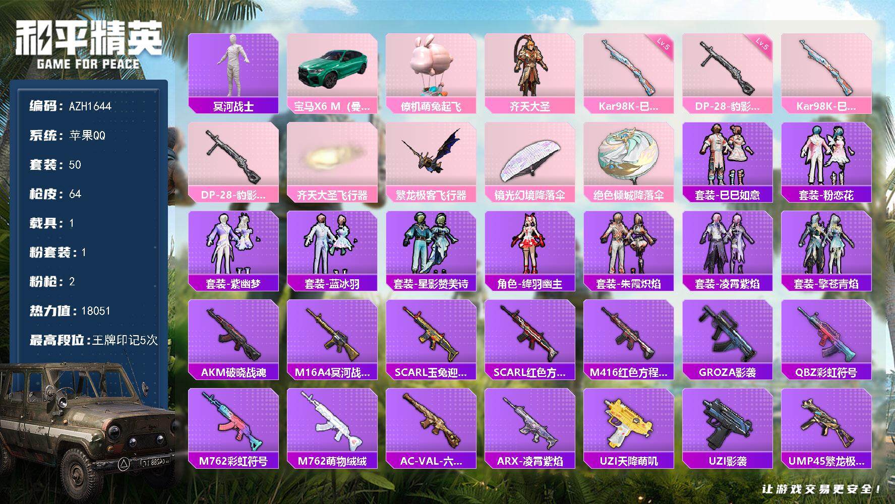 和平精英账号苹果QQ【AZH1644】苹果 手Q【木乃伊 宝马X6 M（曼岛绿）】1粉装-2特效枪-1载具-2粉色飞行器