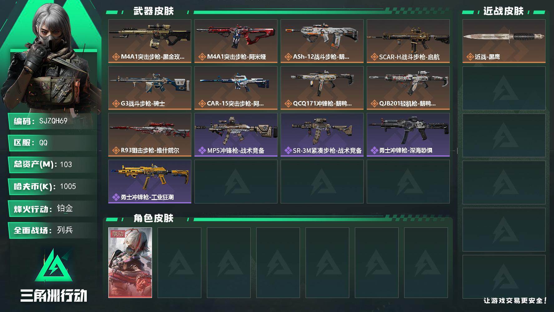 三角洲行动账号QQ【SJZQH69】总资产(M)：103M/哈夫币(K)：1005K/哈夫币(K)：1005K/全面战